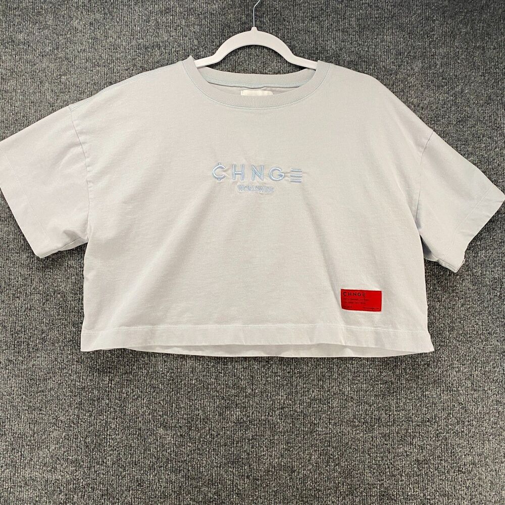 CHNGE T Shirt Womens L Blue Logo‎ Cropped Crew Neck Organic Cotton Casual Tee